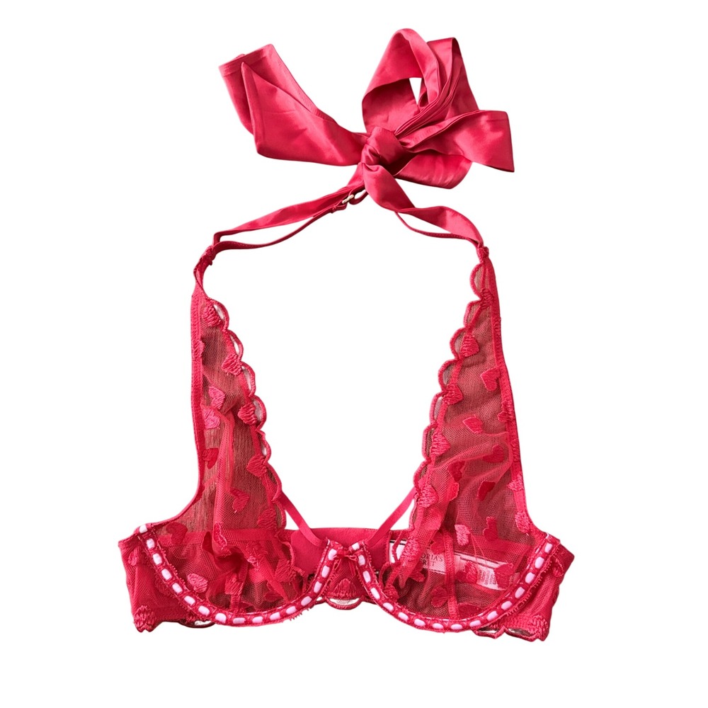 Victoria's Secret Red Heart Mesh Halter Bralette Satin Bow XS NEW